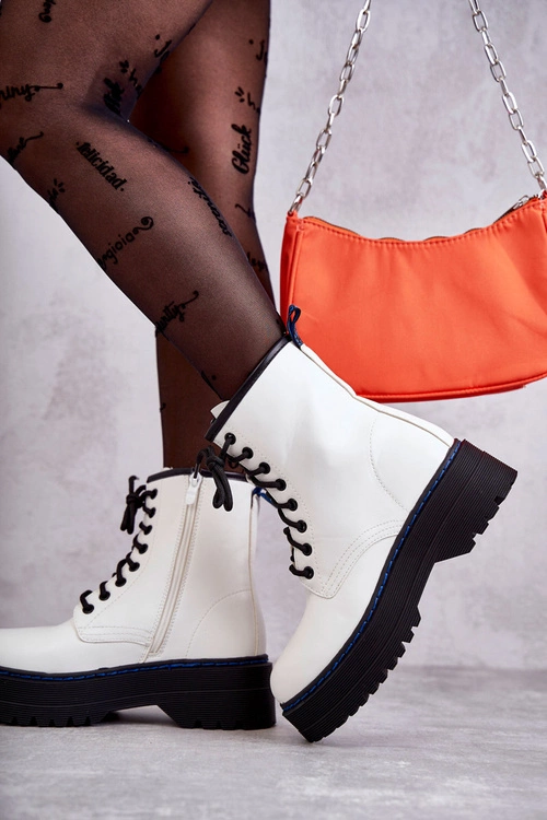 Damskie Wiązane Botki Glany Białe Callie