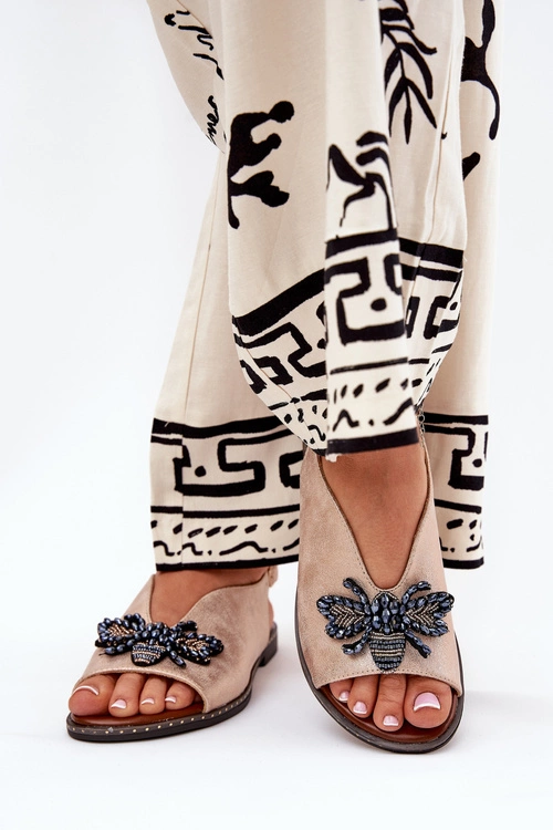 Połyskujące Sandały Damskie Z Ozdobą Płaskie Różowe Złoto Russona