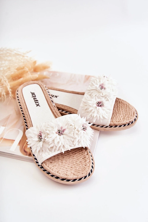 Damskie Klapki Z Materiałowymi Kwiatami Białe Susana