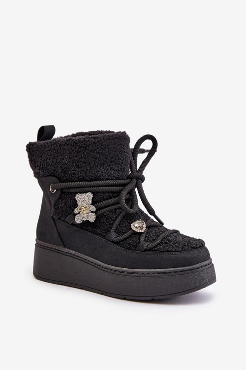 Śniegowce Damskie Z Przypinkami I Futerkiem Typu Baranek Czarne Almatiza