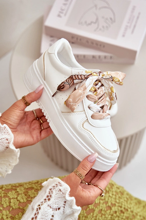 Sneakersy Damskie Na Platformie Z Ozdobnym Sznurowaniem Białe Mistra