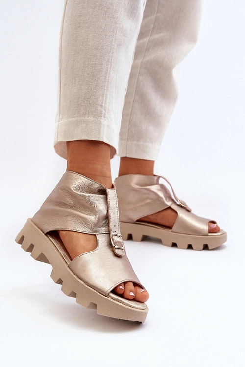 Zazoo 999 Skórzane Sandały Damskie Z Zamkiem Złote