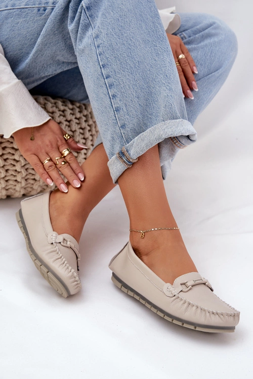 Płaskie Skórzane Mokasyny Z Ozdobą S.Barski LR51-547 Beżowe