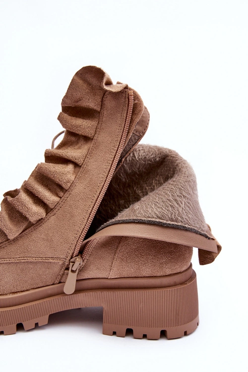 Zamszowe Ocieplane Botki Workery Na Płaskim Obcasie Beżowe Nacelle