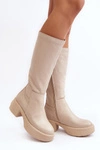 Skórzane Damskie Kozaki Przed Kolano Lemar Jasnobeżowe Malayah