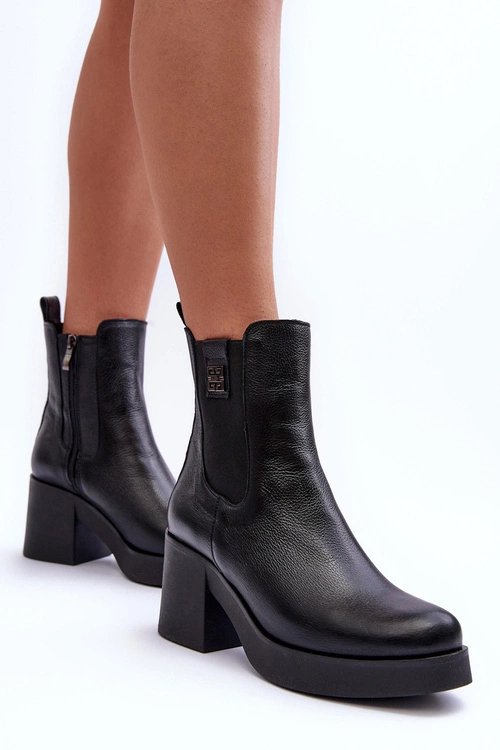 Skórzane Damskie Botki Na Obcasie Czarne Lemar Kodra