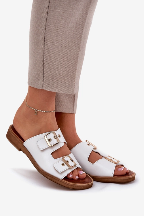 Skórzane Płaskie Klapki Z Klamrami Zazoo 3020 Białe