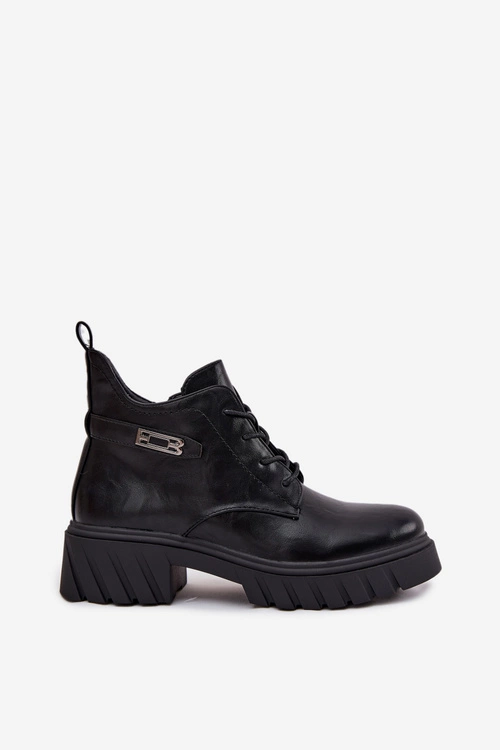 Niskie Ocieplane Botki Damskie Na Klocku Z Ozdobnym Paskiem Czarne Therisse