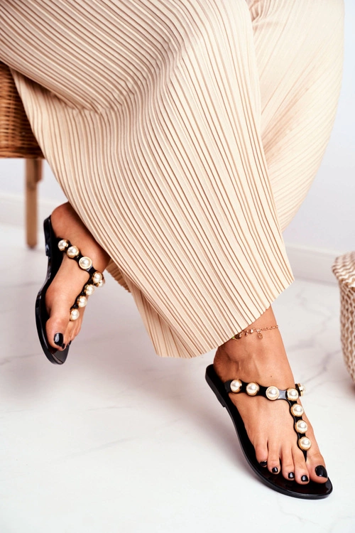 Damskie Gumowe Klapki Czarne Japonki Perełki Edith