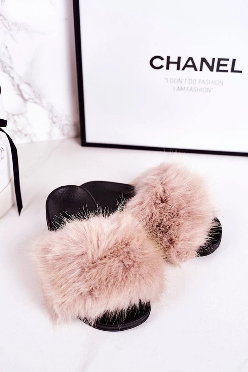 Dziecięce Klapki Z Futerkiem Beżowe Fashionista