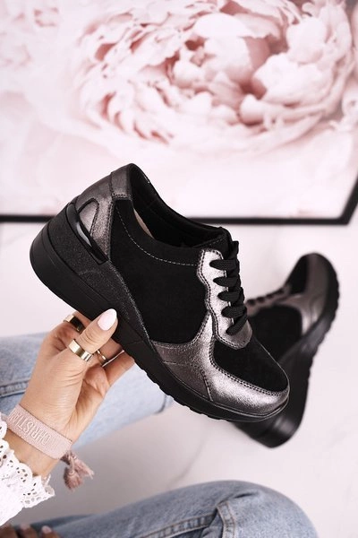 Damskie Skórzane Sneakersy Na Koturnie Czarne Srebrne Roxette
