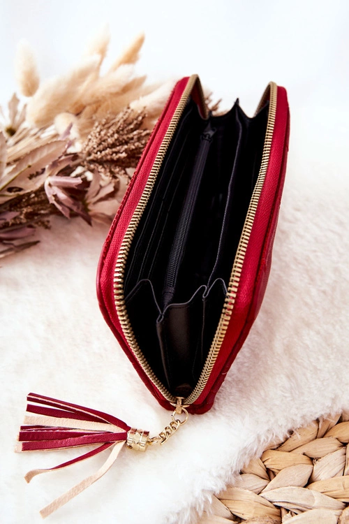 Duży Portfel Pikowany Na Suwak Z Paseczkiem Czerwony