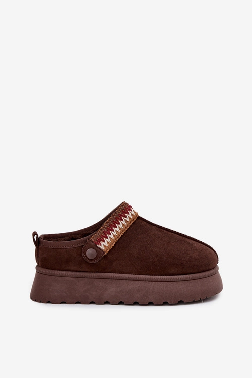 Śniegowce Damskie Niskie Z Ruchomym Paskiem I Haftem Na Platformie Czekoladowe Lyrisse