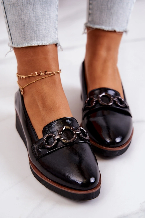 Lakierowane Skórzane Półbuty Na Koturnie Czarne Melodie
