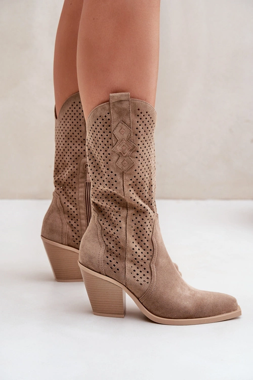 Ażurowe Botki Kowbojki Na Słupku Ciemnobeżowe Salive
