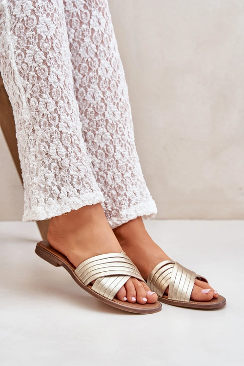 Skórzane Damskie Klapki Lewski Shoes 3682 Złote