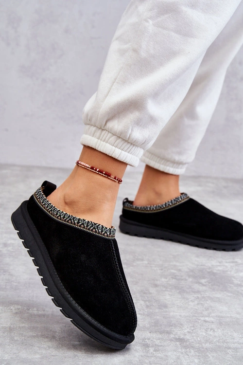 Zamszowe Damskie Papcie Z Futerkiem Czarne Buffie