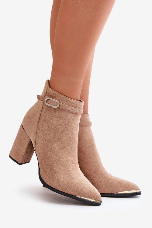 Ocieplane Botki Damskie Z Noskami W Szpic Na Słupku Beżowe Laoreina