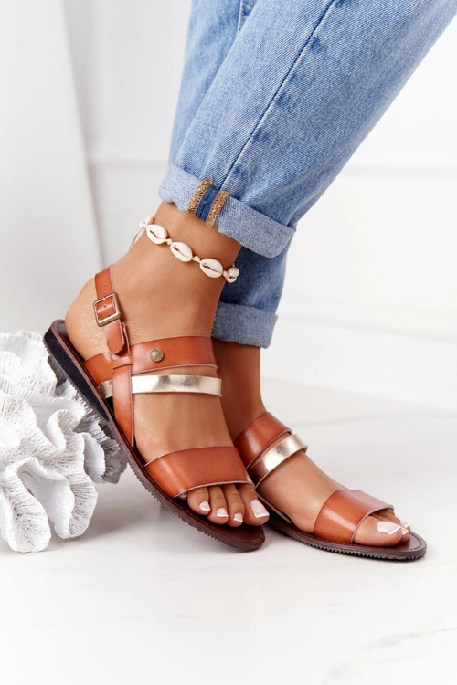 Płaskie Sandały Damskie Brązowo-Złote Doris