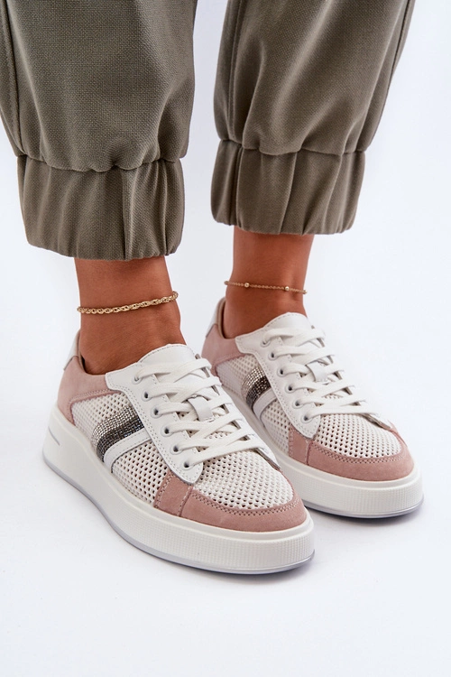 Sneakersy Skórzane Damskie D&A LR110 Biało-Różowe