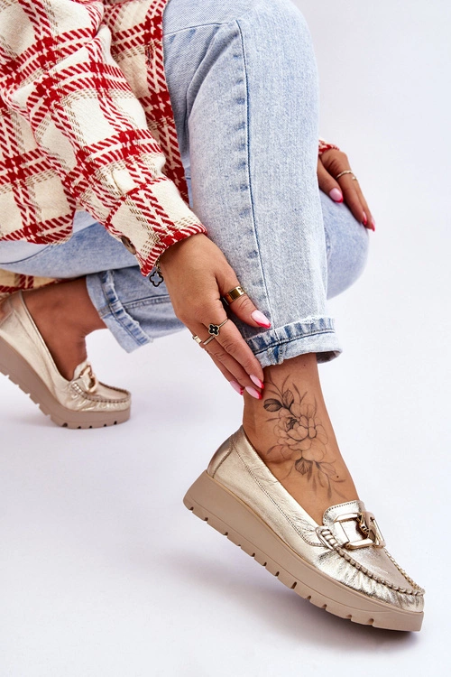 Zazoo 10141 Skórzane Mokasyny Na Platformie Z Ozdobą Złote