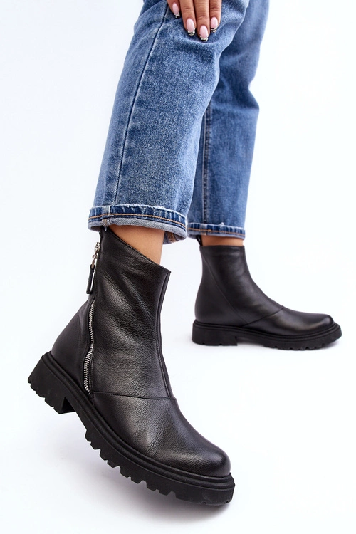 Damskie Skórzane Botki Na Płaskim Obcasie Laura Messi 2620/975 Czarne