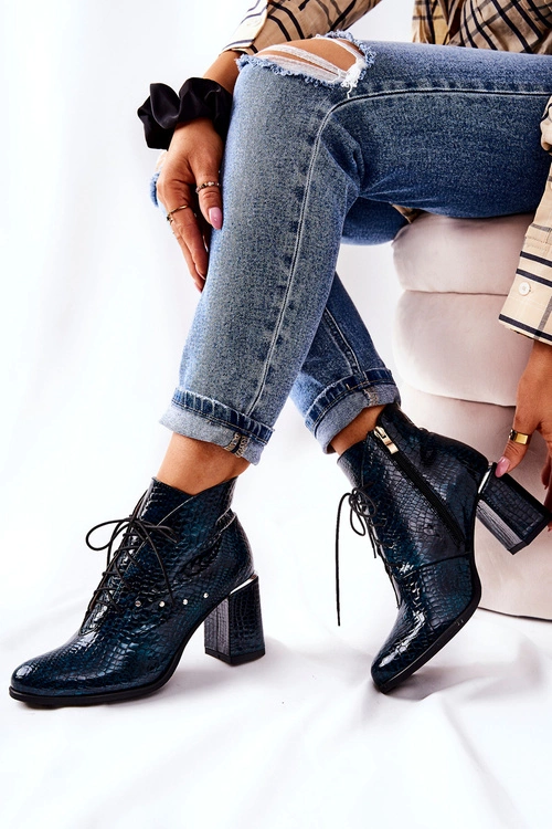 Damskie Skórzane Botki Na Słupku Zielone Neliko