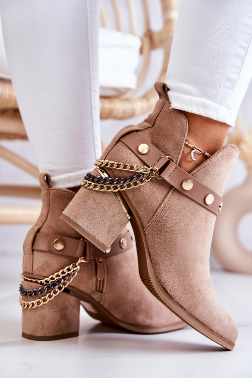 Zamszowe Damskie Botki Z Łańcuszkami Ciemnobeżowe Tracy
