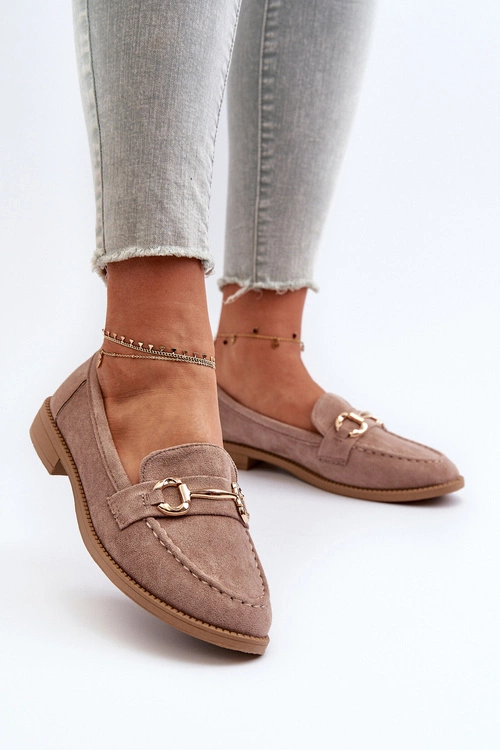 Mokasyny Damskie Na Płaskim Obcasie Z Ozdobą Ciemnobeżowe Aviole