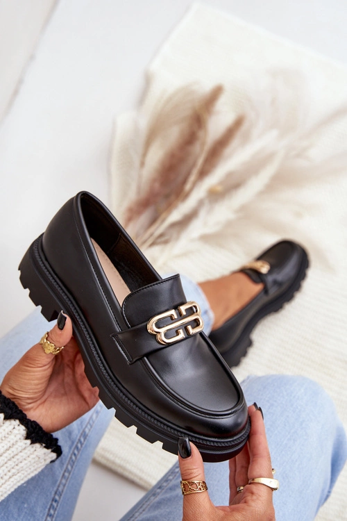 Mokasyny Damskie Ze Złotym Detalem Czarne Trionna