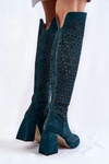 Ażurowe Zamszowe Kozaki Na Obcasie Zielone Castres