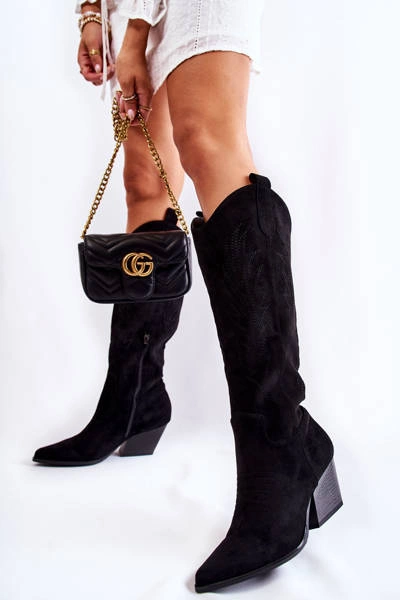 Zamszowe Kozaki Kowbojki Z Przeszyciami Czarne Beverly