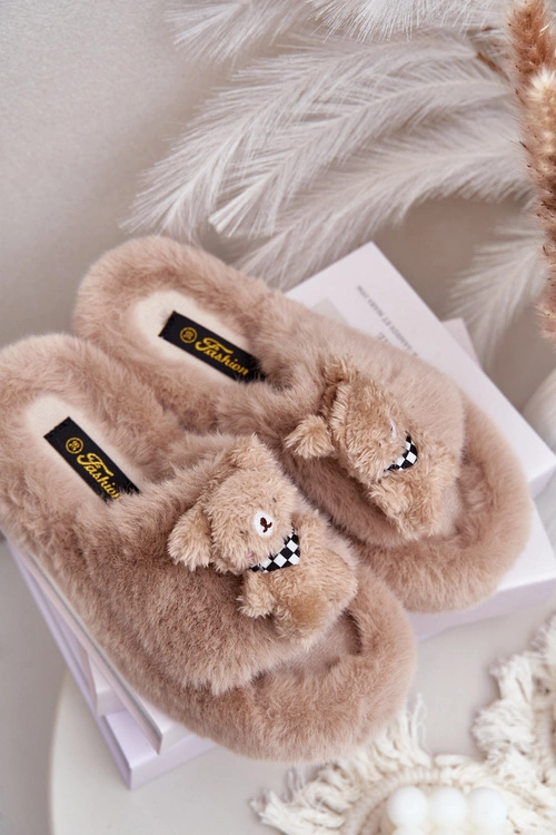Futrzane Kapcie Damskie Z Misiem Beżowe Romania