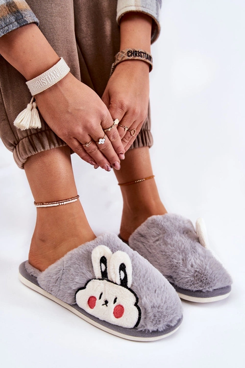 Damskie Futrzane Papcie Z Królikiem Szare Trisha