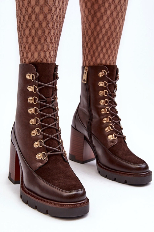 Masywne Sznurowane Botki Na Słupku Brązowe Lathia