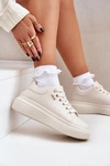 Sneakersy Damskie Na Platformie Eko Skóra Jasnobeżowe Lelandine
