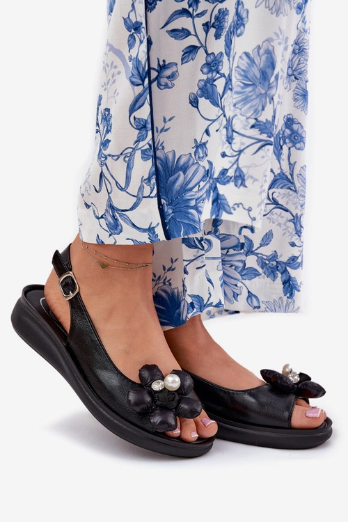 Sandały Damskie Z Ozdobnym Kwiatkiem Czarne Divonne