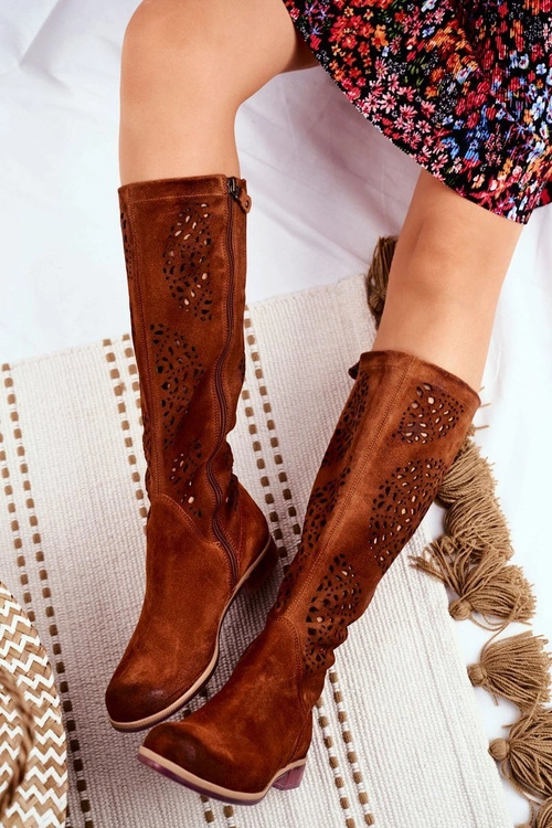 Damskie Kozaki Maciejka Skórzane Ażurowe Camel 04525-29