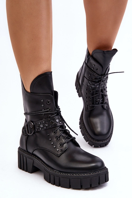 Zdobione Botki Workery Damskie Czarne Vestara