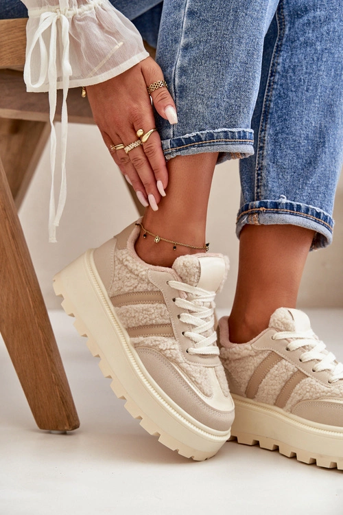 Ocieplane Sneakersy Damskie Na Platformie Z Kożuchem Beżowe Daivlene