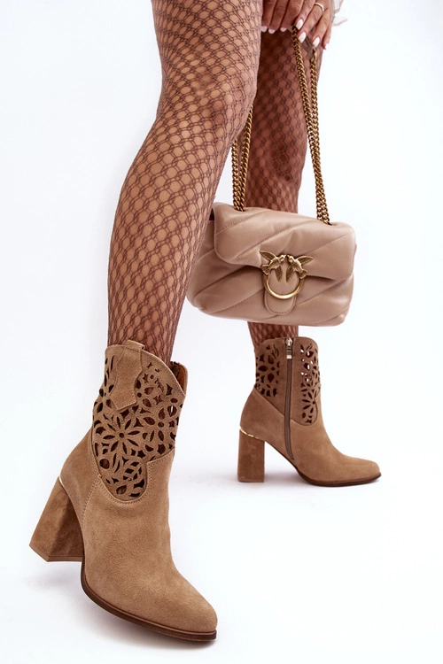 Zamszowe Ażurowe Botki Lewski Shoes 3264 Ciemnobeżowe