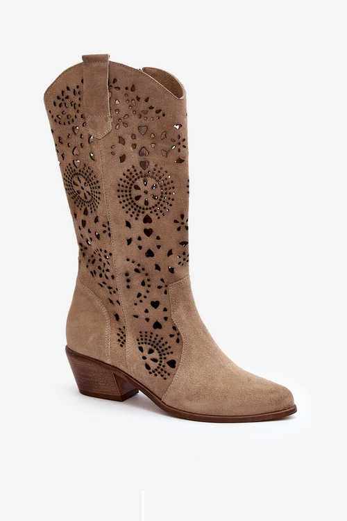 Zazoo 3396 Zamszowe Ażurowe Kozaki Do Połowy Łydki Jasnobeżowe