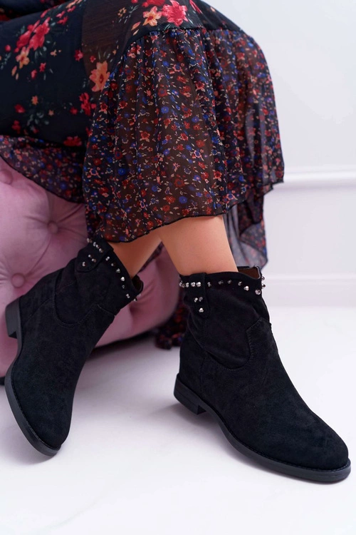Botki Damskie Na Koturnie Płaski Obcas Ocieplane Za Kostkę Czarne Deminis