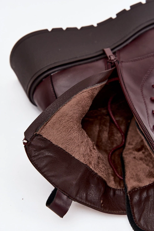 Skórzane Botki Damskie Z Ozdobą Ocieplane Bordowe Ulrika