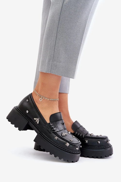 Skórzane Półbuty Damskie Z Ozdobami D&A MR880-102 Czarne