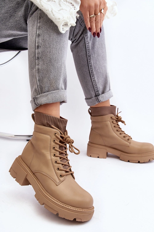 Trapery Botki Damskie Ze Skarpetą Beżowe Rivella