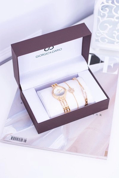 Zestaw Giorgio Dario Złoty Damski Zegarek Z Cyrkoniami Dwie Bransolety