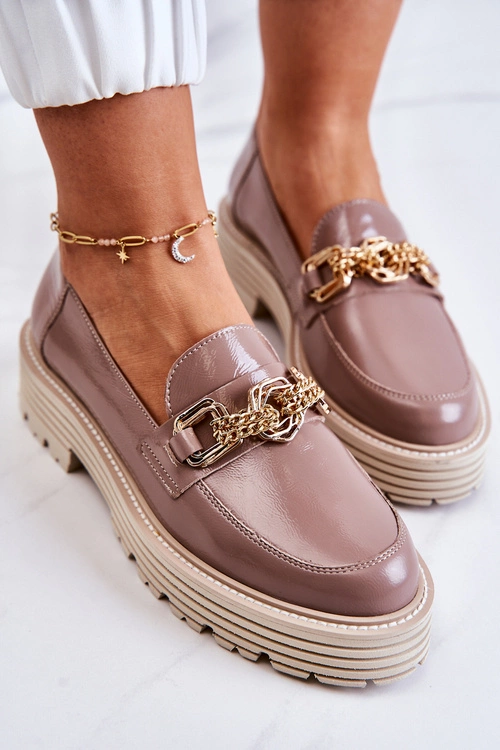 Damskie Półbuty Złota Ozdoba Skórzane Laura Messi 2383 Ciemny Beż