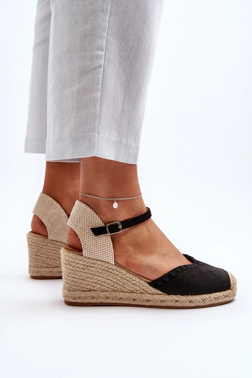 Zamszowe Sandały Espadryle Na Koturnie Z Plecionką Czarne Raylin