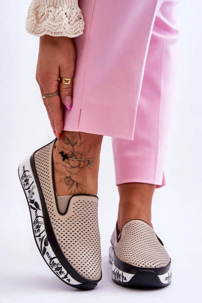 Damskie Ażurowe Skórzane Tenisówki Slip-On Beżowe Sorito